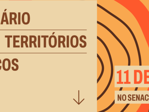 Banner de divulgação do Seminário Territórios Clínicos - 2ª Edição. A imagem traz o título do evento e as informações "11 de abril" e "No Senac Santo Amaro". A imagem contém metade de sua composição por caicxs em tonalidade grená e o fundo composto pelo logo do Territórios Clínicos.